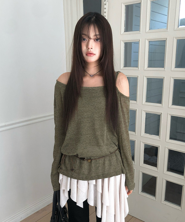 【SET】【ベルト付き】シースルーワンショルダーニット＋キャミソール KHAKI