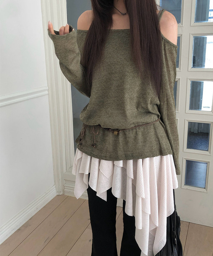 【SET】【ベルト付き】シースルーワンショルダーニット＋キャミソール KHAKI