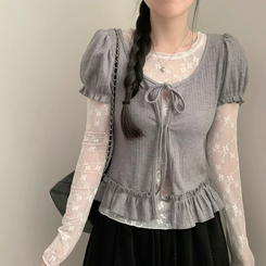 【SET】レイヤードパフ半袖Tシャツ レースシースルー長袖トップス GREY