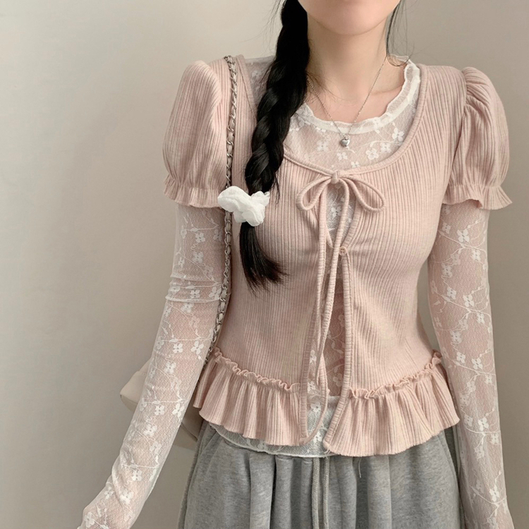 【SET】レイヤードパフ半袖Tシャツ レースシースルー長袖トップス PINK