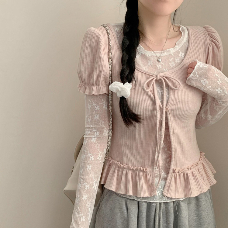 【SET】レイヤードパフ半袖Tシャツ レースシースルー長袖トップス PINK