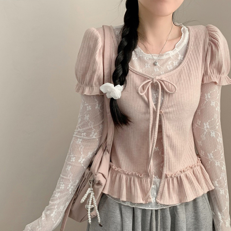 【SET】レイヤードパフ半袖Tシャツ レースシースルー長袖トップス PINK