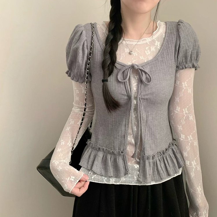 【SET】レイヤードパフ半袖Tシャツ レースシースルー長袖トップス GREY