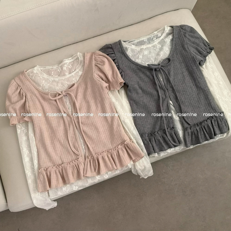 【SET】レイヤードパフ半袖Tシャツ レースシースルー長袖トップス