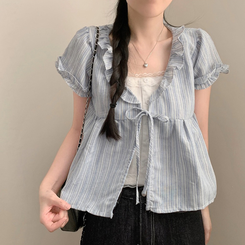 ストライプリボン半袖ブラウス SKY BLUE