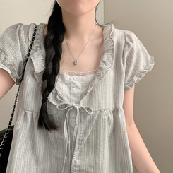 ストライプリボン半袖ブラウス WHITE