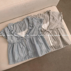 ストライプリボン半袖ブラウス