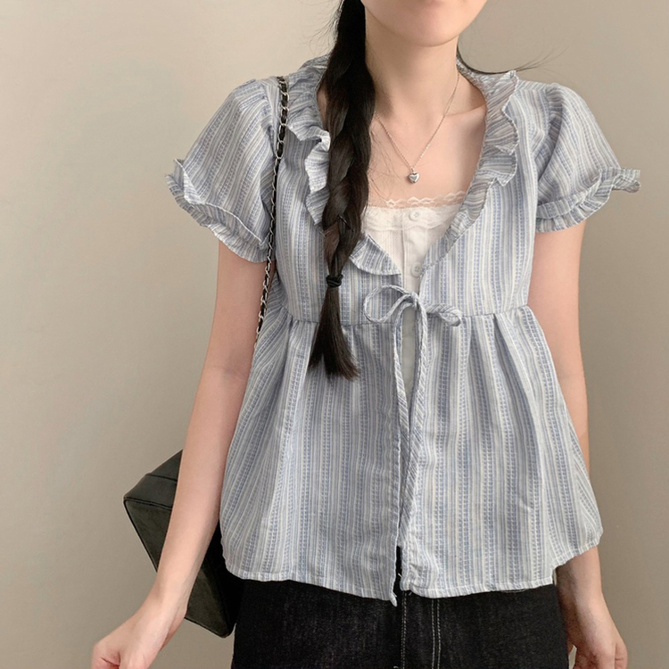 ストライプリボン半袖ブラウス SKY BLUE