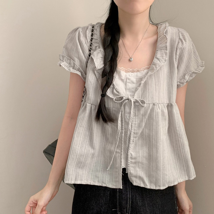 ストライプリボン半袖ブラウス WHITE