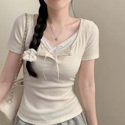 フリーレースレイヤード半袖Tシャツ(5color) BEIGE