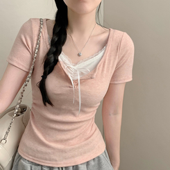 フリーレースレイヤード半袖Tシャツ(5color) PINK