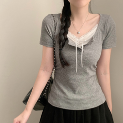 フリーレースレイヤード半袖Tシャツ(5color) GREY