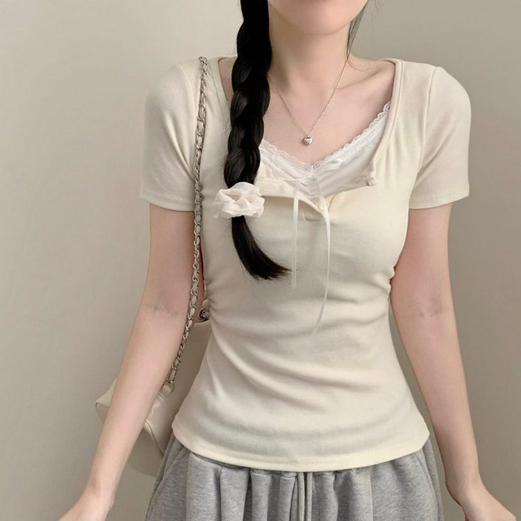 フリーレースレイヤード半袖Tシャツ(5color) BEIGE