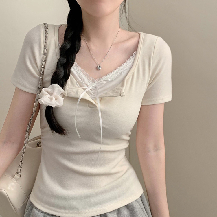 フリーレースレイヤード半袖Tシャツ(5color) BEIGE