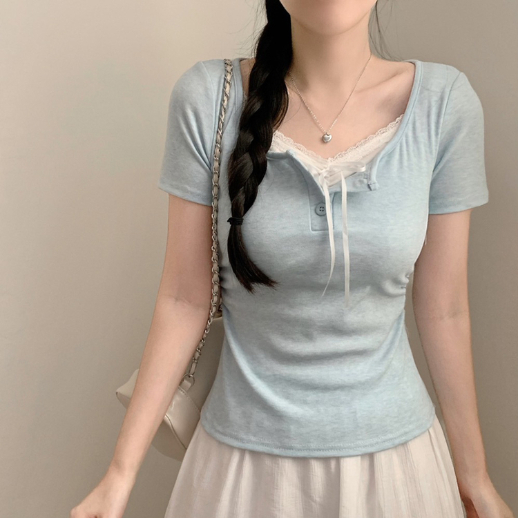 フリーレースレイヤード半袖Tシャツ(5color) SKY BLUE