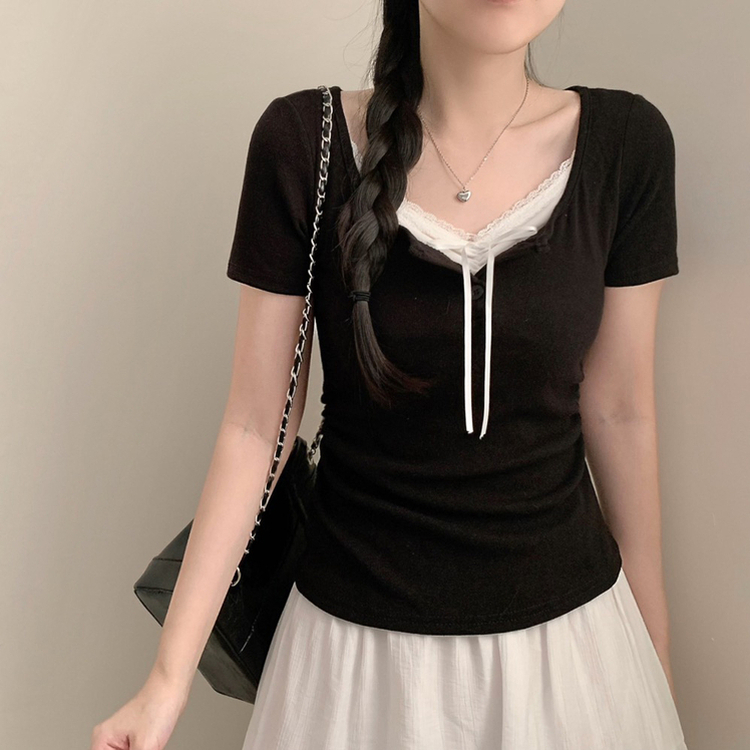 フリーレースレイヤード半袖Tシャツ(5color) BLACK