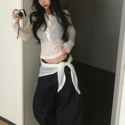 【タイ付き】レイヤードボタンシースルーニット IVORY