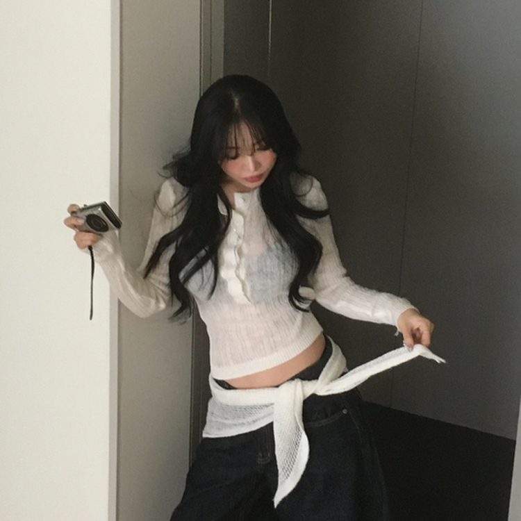 【タイ付き】レイヤードボタンシースルーニット IVORY