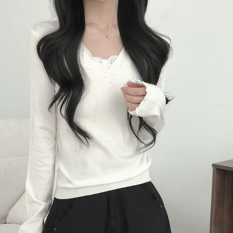 ネックフリル長袖Tシャツ(6color) IVORY