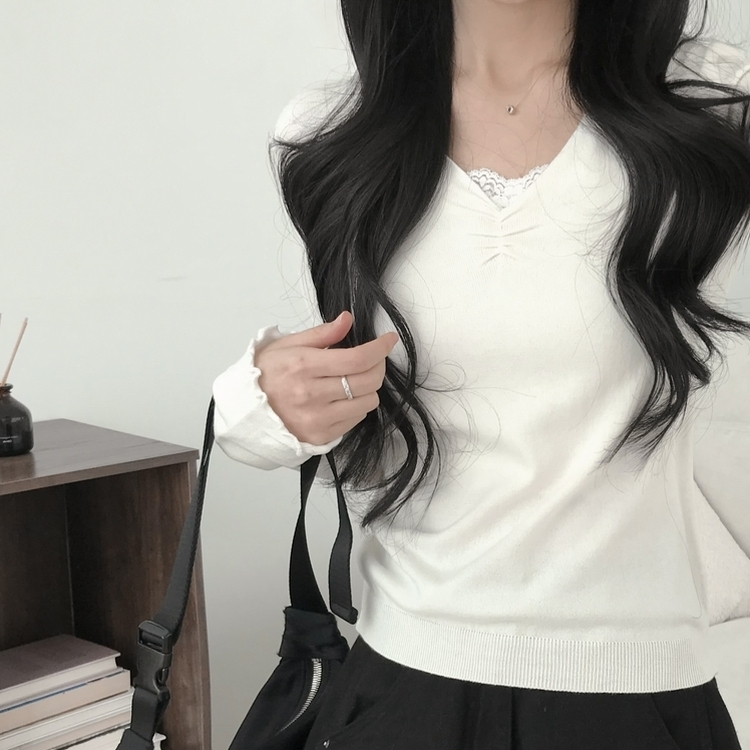 ネックフリル長袖Tシャツ(6color) IVORY