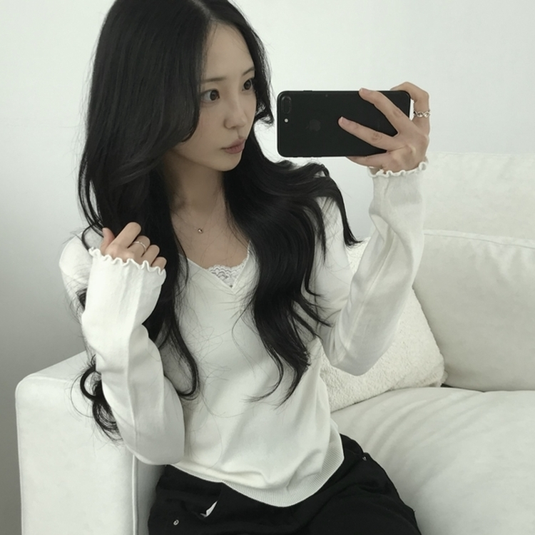 ネックフリル長袖Tシャツ(6color) IVORY