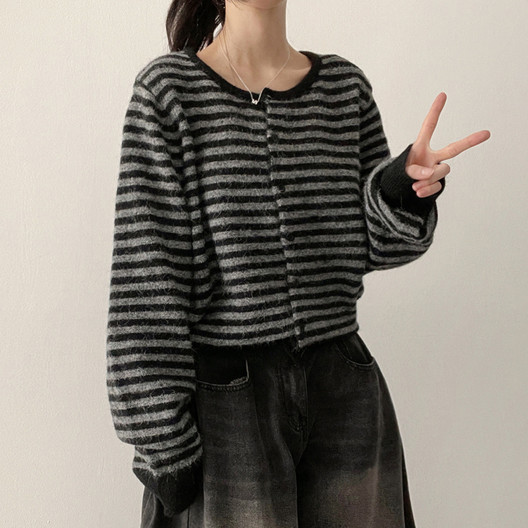 ボーダーニットカーディガン(6color) BLACK