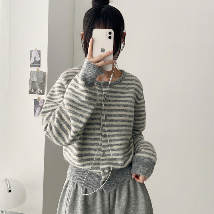 ボーダーニットカーディガン(6color) LIGHT GRAY