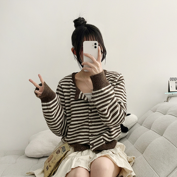 ボーダーニットカーディガン(6color) LIGHT BROWN