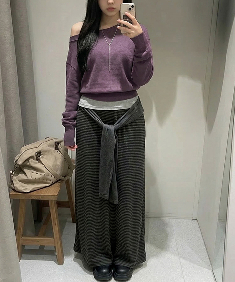 ボーダーレイヤードロングスカート CHARCOAL