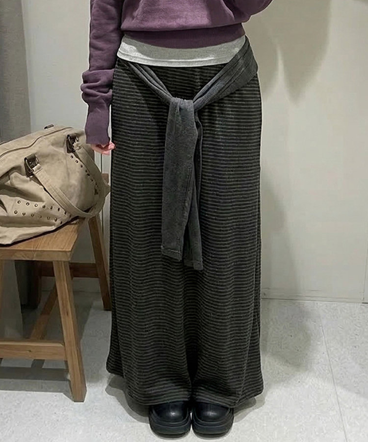 ボーダーレイヤードロングスカート CHARCOAL