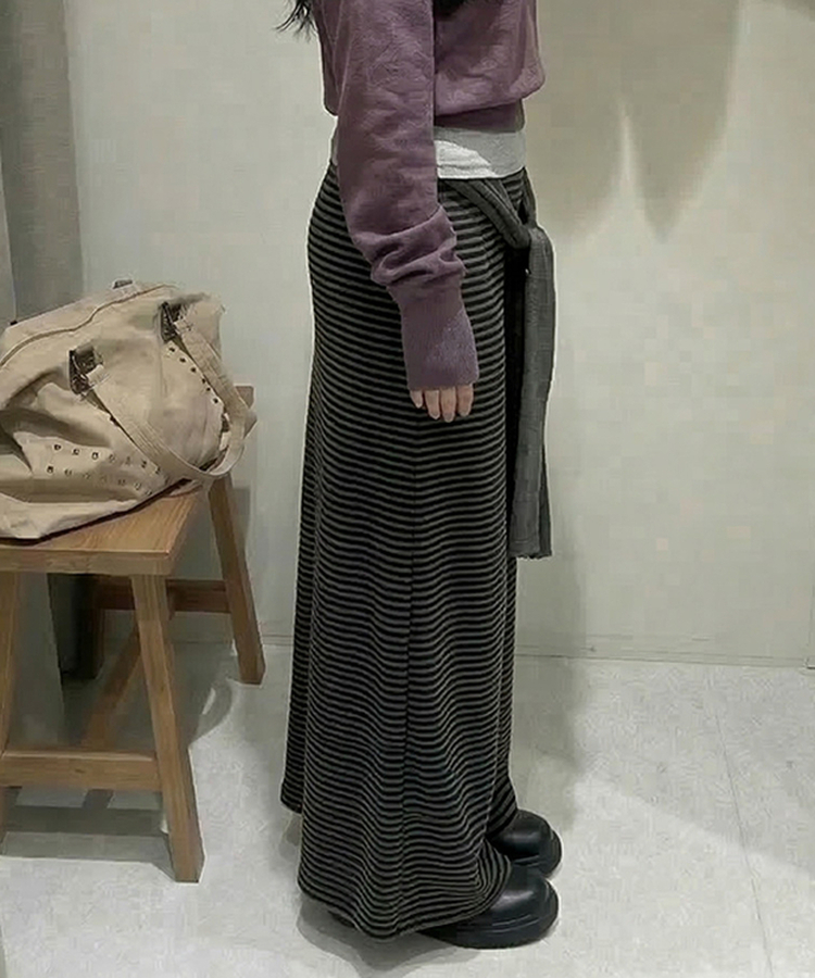 ボーダーレイヤードロングスカート CHARCOAL