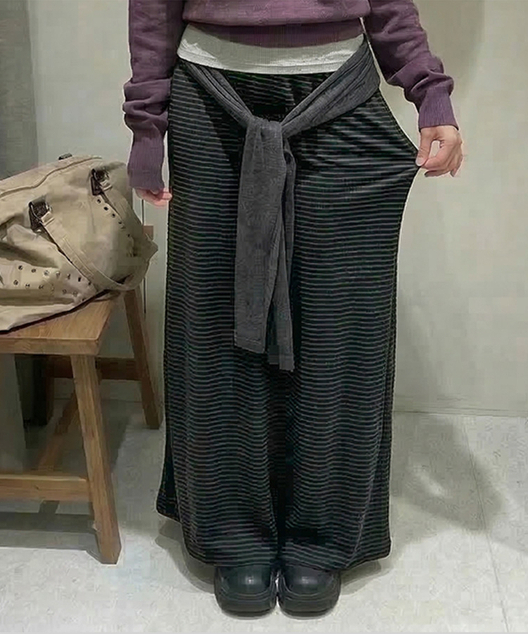 ボーダーレイヤードロングスカート CHARCOAL