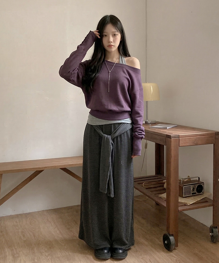 ボーダーレイヤードロングスカート CHARCOAL