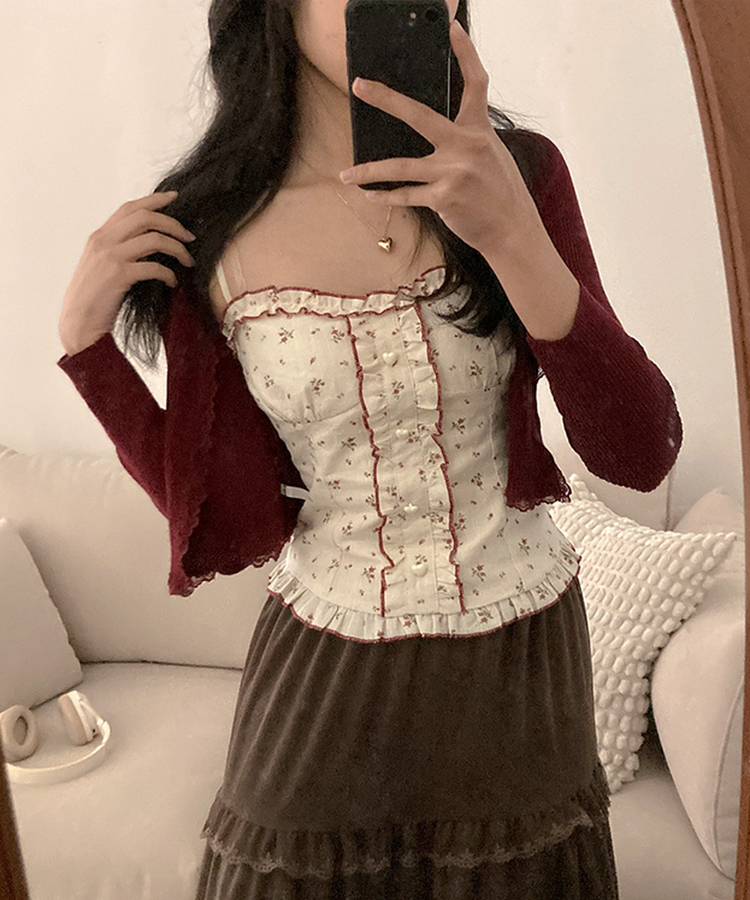 [나시 가디건SET!] 잔꽃 하트버튼 나시 가디건 투피스 세트 레드