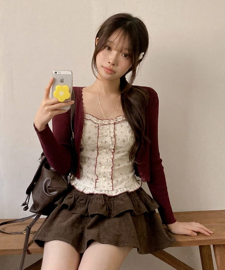 [나시 가디건SET!] 잔꽃 하트버튼 나시 가디건 투피스 세트 레드