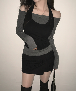 【SET】オフショルダーTシャツ ホルターネックキャミソール CHARCOAL