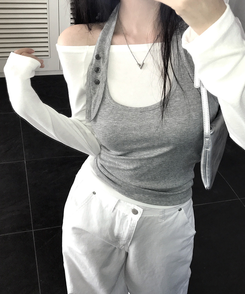 【SET】オフショルダーTシャツ ホルターネックキャミソール GREY