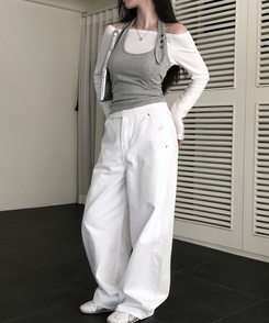 【SET】オフショルダーTシャツ ホルターネックキャミソール GREY