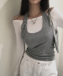 【SET】オフショルダーTシャツ ホルターネックキャミソール GREY