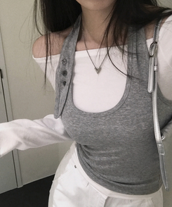 【SET】オフショルダーTシャツ ホルターネックキャミソール GREY