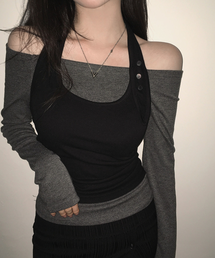 【SET】オフショルダーTシャツ ホルターネックキャミソール CHARCOAL