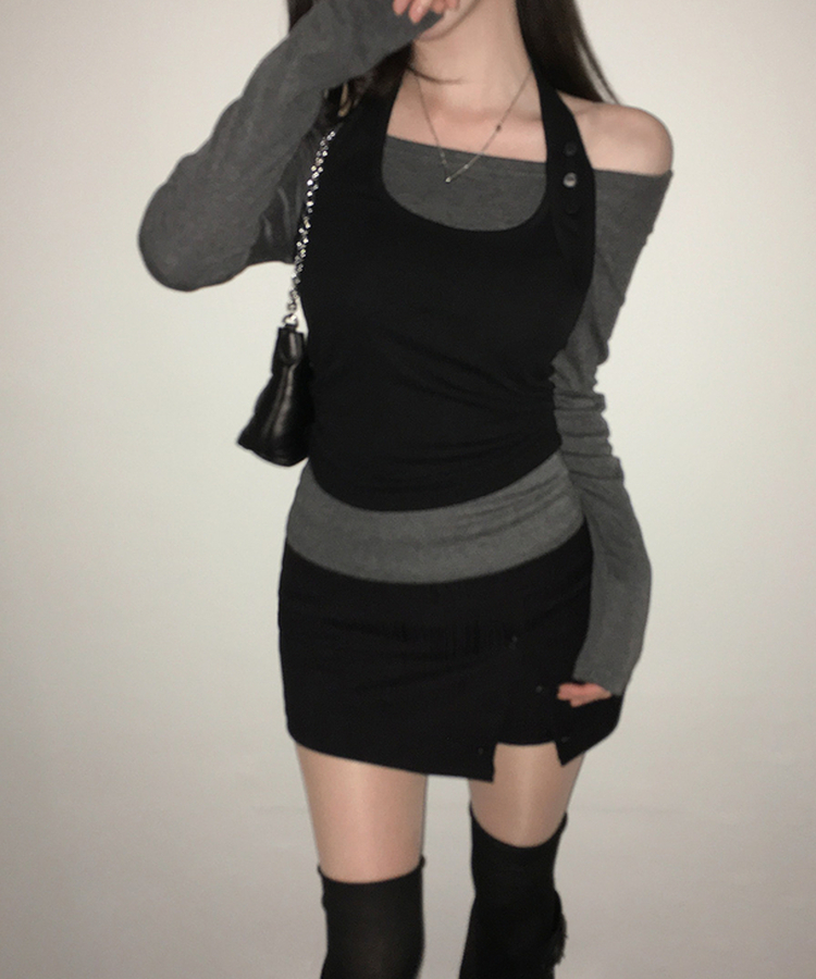 【SET】オフショルダーTシャツ ホルターネックキャミソール CHARCOAL