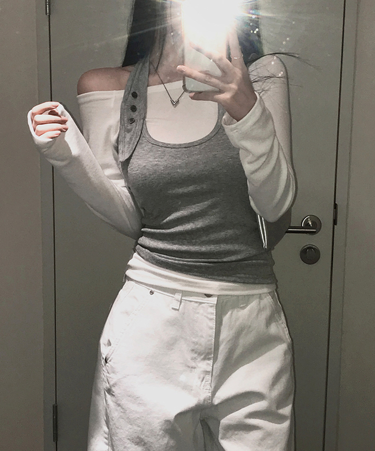 【SET】オフショルダーTシャツ ホルターネックキャミソール GREY