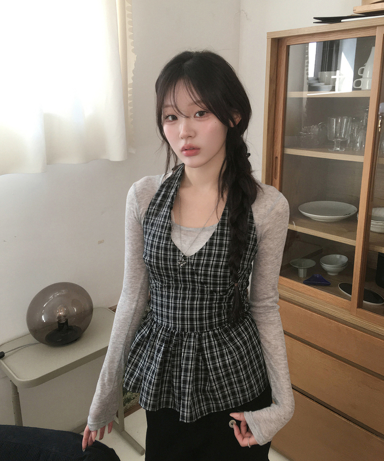 チェックホルターブラウス BLACK