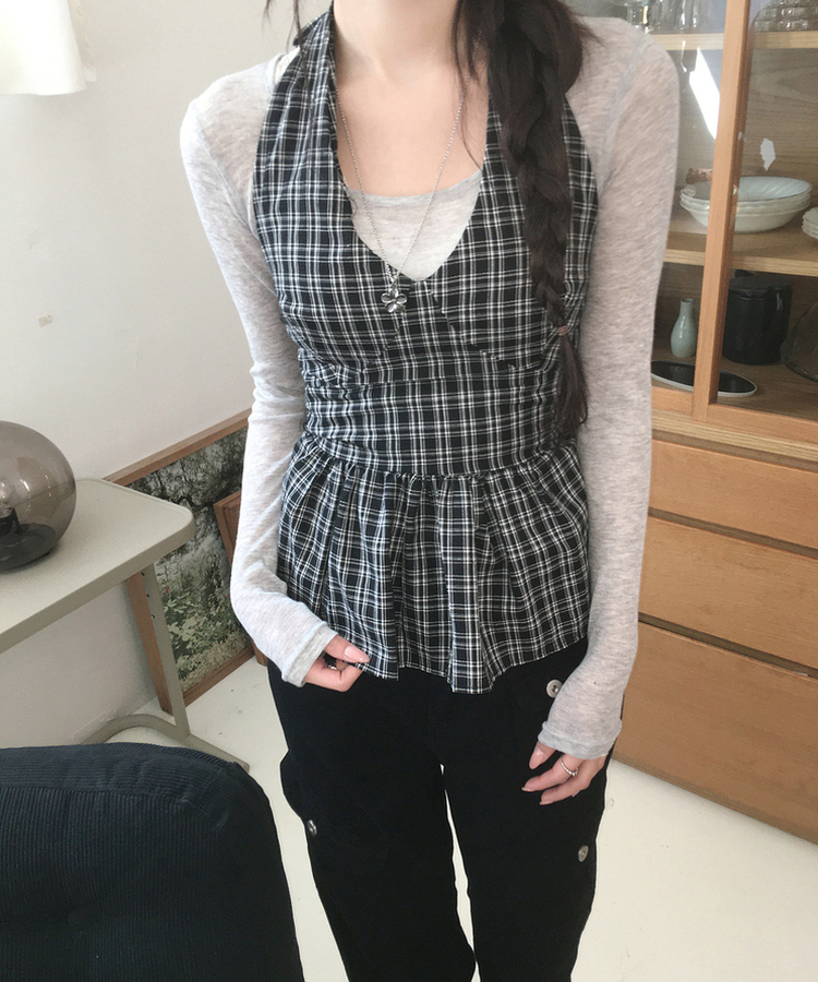 チェックホルターブラウス BLACK