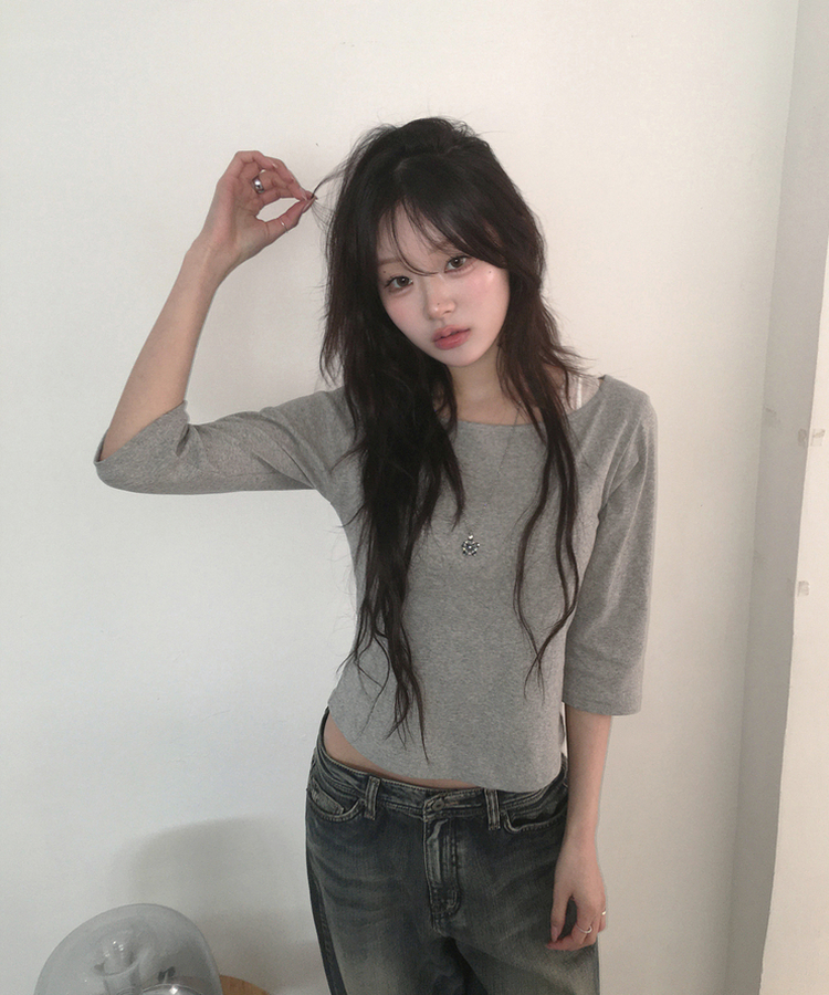 ボートネック7分丈Tシャツ GREY