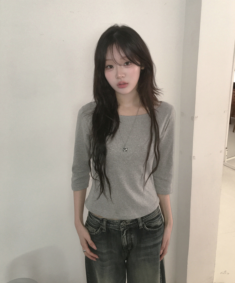 ボートネック7分丈Tシャツ GREY