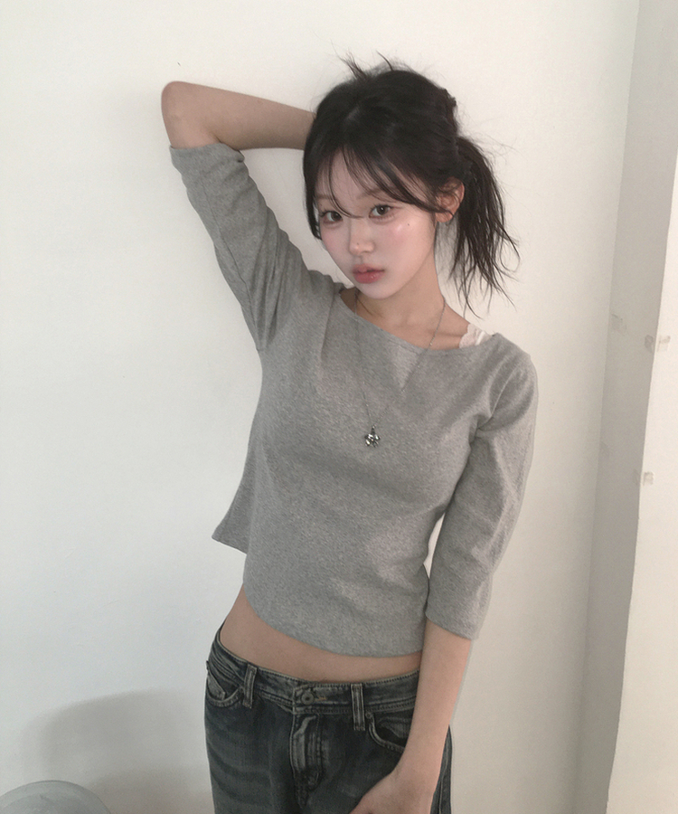 ボートネック7分丈Tシャツ GREY