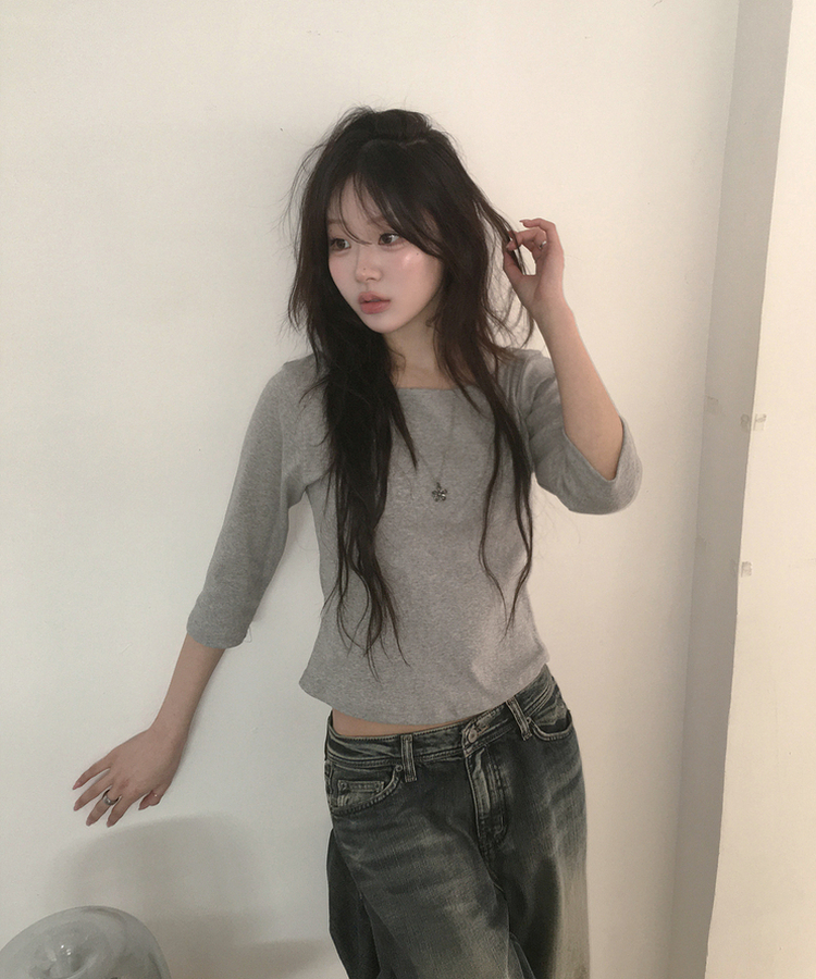 ボートネック7分丈Tシャツ GREY