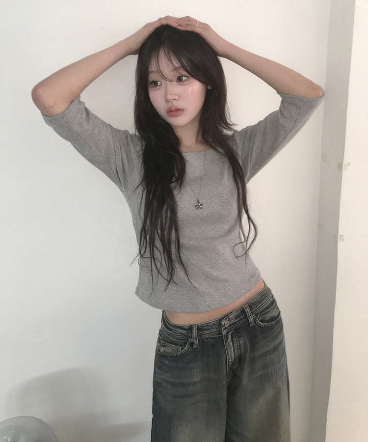 ボートネック7分丈Tシャツ GREY